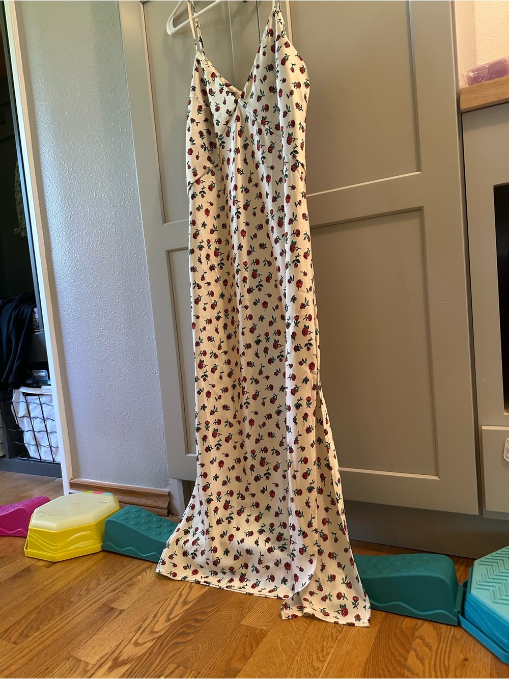 a new day Cream Maxi Slip Dress with Red rose Print